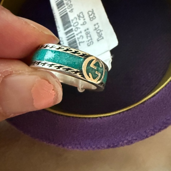 Gucci Silver Band Ring with Teal band accent and Double G - Picture 9 of 11